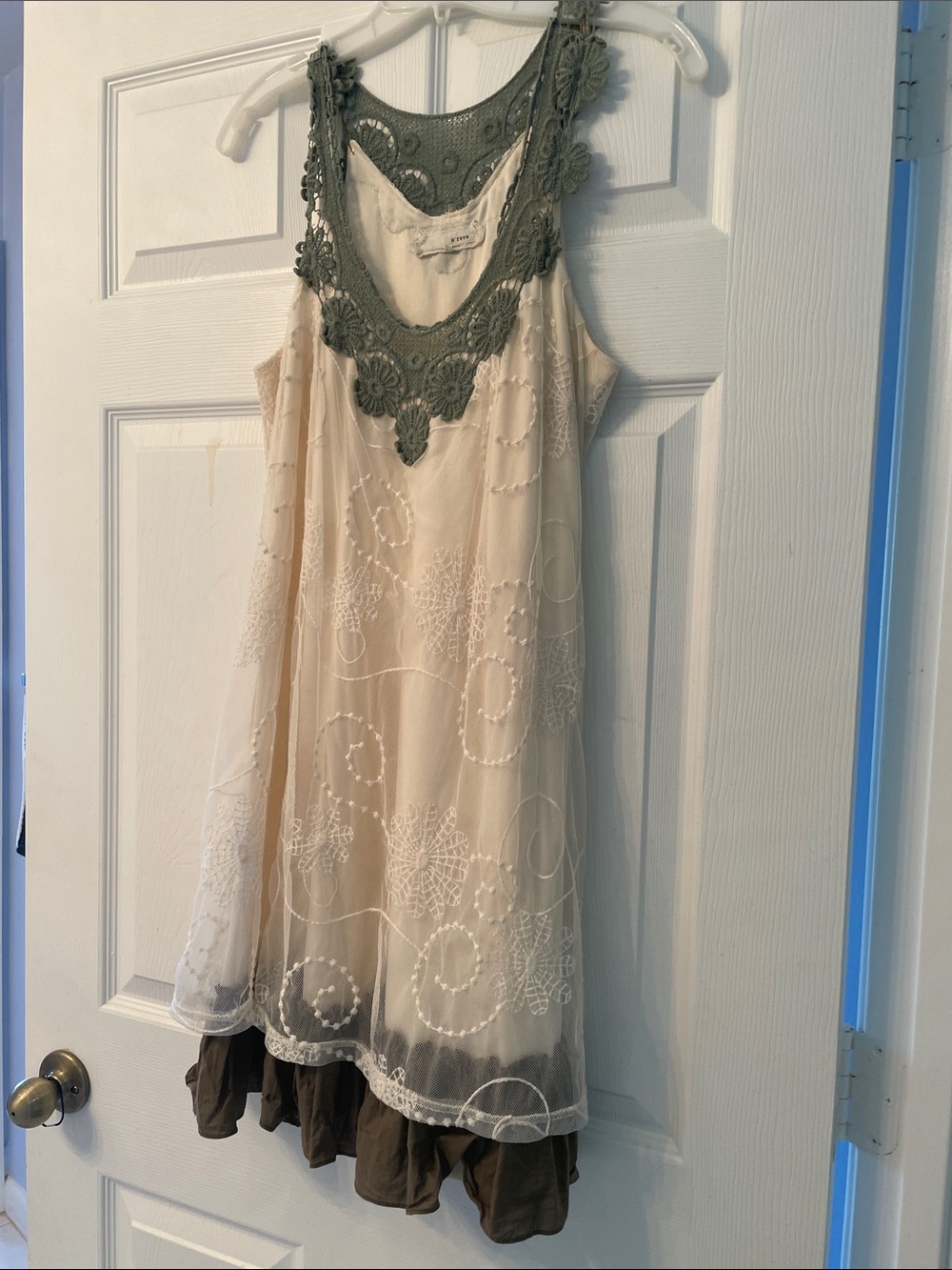 Cream Dress with Olive Crochet Yoke size large by a’reve.